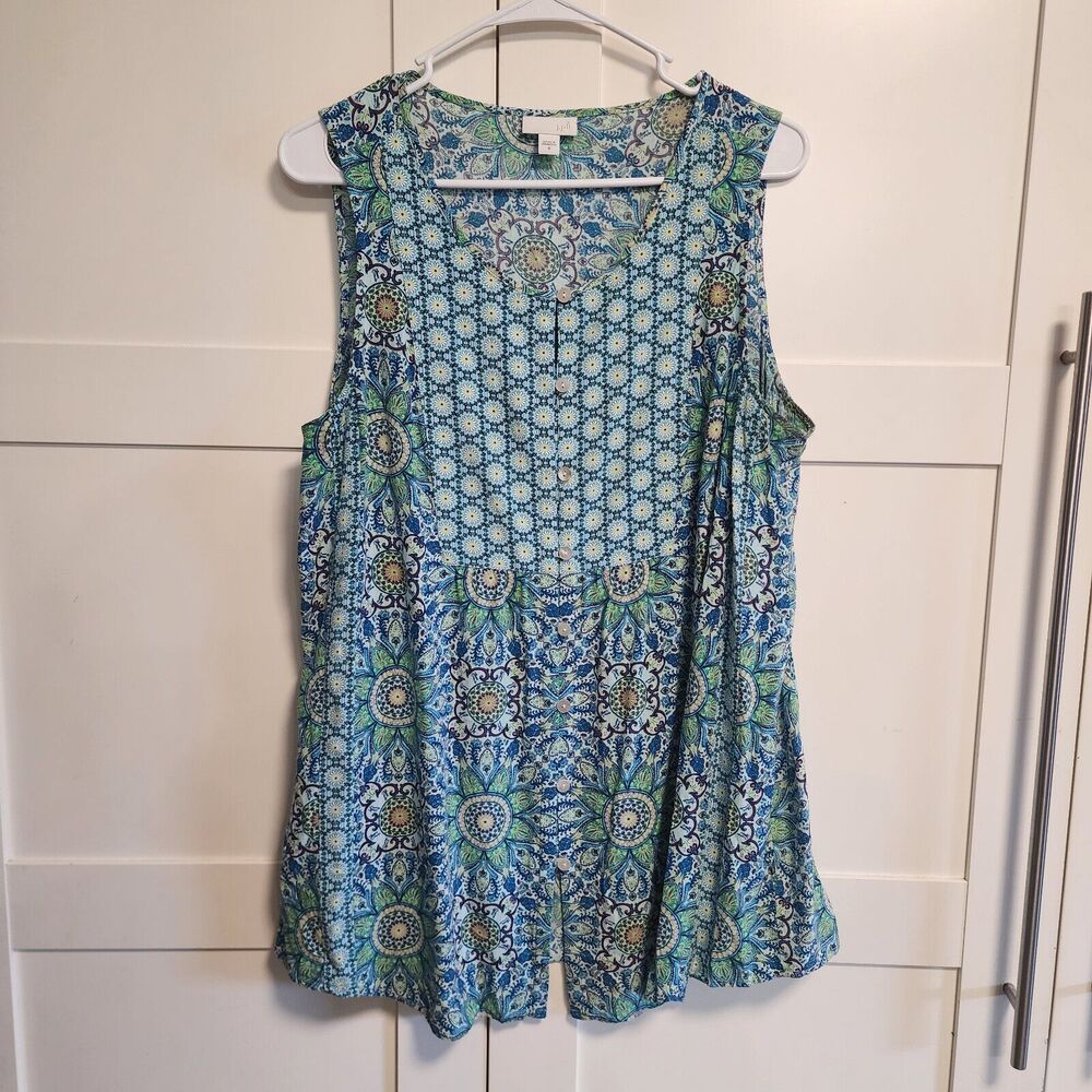 J. Jill 100% Rayon Lotus Floral Crew Neck Sleeveless Tank Top Womens Medium